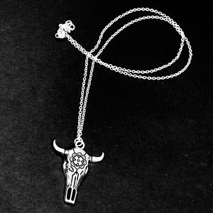 Silver Bull Horn Skull Necklace Sterling Chain